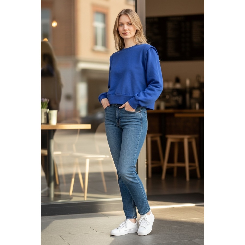 CALIA Womens Fleece‎ Crewneck Sweatshirt Cobalt Blue Pleated Shoulder WAX34058